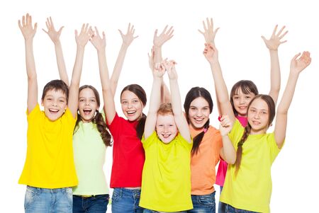 Happy group children isolated at white background. Smiling teen. Frendship boys and girlsの写真素材