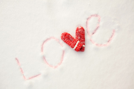 Inscription on the snow love. Valentine's, day. Winterの写真素材