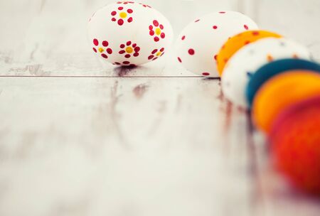 Eggs on wooden old boards. Easter celebrationの写真素材