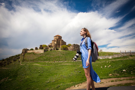 Jvari Monastery, Mtskheta. Tourists visiting the sights of Georgia