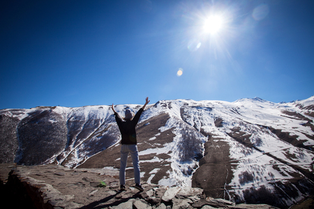 Tourist in the mountains. Kazbegi, georgiaの写真素材