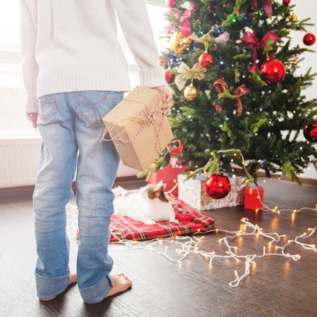 Child near the Christmas tree with a gift behindの写真素材