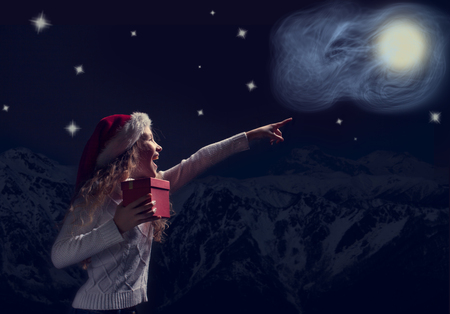 Happy child looks at the skyの写真素材