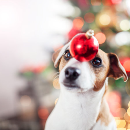 Dog near christmas tree. Pet at home, happy New Year and merry Christmasの写真素材
