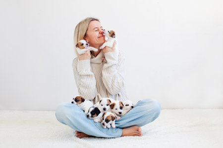 Smiling woman holding and care many puppies on white wall background with copy space for text. happy woman play and strokes jack russell terrier puppies. Cute pets. funny puppies with owner indoorの写真素材