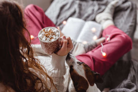 Cold autumn or winter weekend Young woman with dog drinking warm cocoa or coffee with marshmellows. Lazy day in knitted socks on the couch. Cozy scene, cozy home conceptの写真素材