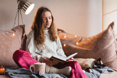Young woman and her adorable cat sitting on couch cozied up, covered with blanket. Lazy evening at home with loved pet concept. Teen reding bookの写真素材