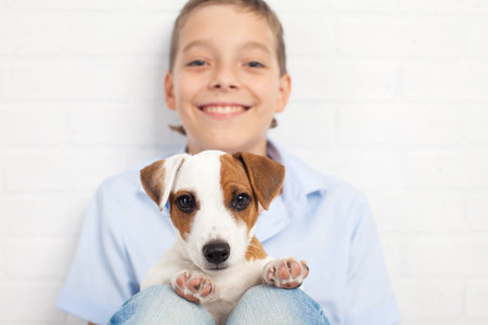 boy with puppy. Teen with dog at homeの写真素材