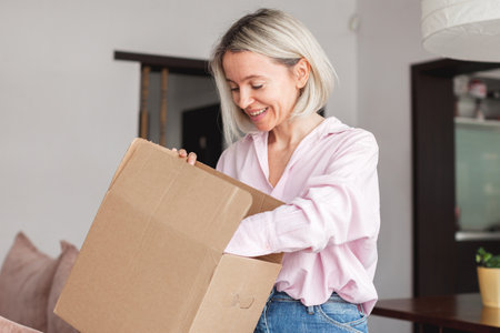 delivery, mail and people concept - smiling woman opening cardboard box at home