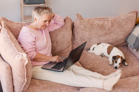 Cheerful senior 60s laptop user woman enjoying leisure at home, resting on sofa in living room, watching online movie, browsing the Internet, shopping on webstoresの写真素材