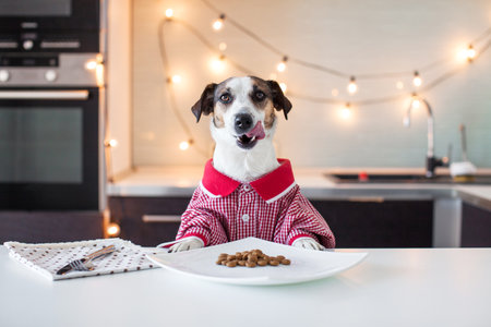 licking dog is sitting at the table dressed in clothes like a person. Pet eats food from a plate. pet like humanの写真素材