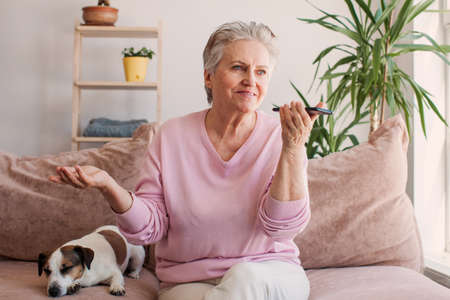 Indoor shot of charming friendly senior gray haired woman holding generic smart phone, Mature female talking to her friend, sitting comfortably on couch in living roomの写真素材