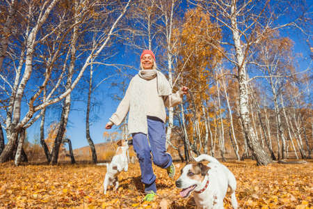 Middle-aged woman runs through the autumn forest. Attractive 40 year old woman playing with dogs in yellow autumn leavesの写真素材