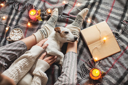 Young woman and her adorable dog sitting on couch cozied up, covered with knitted blanket. Lazy afternoon at home with loved pet. Cozy winter or autumn homeの写真素材