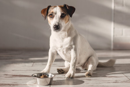 Dog eating food from bowl. White dog jack russell sitting at homeの写真素材