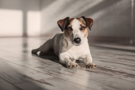 Portrait of dog in white room. pet at homeの写真素材