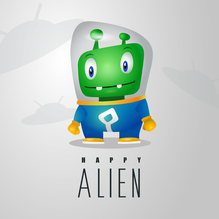 Funny cartoon alien in the space suit, a friendly green Martian, character for the company in the modern 3D styleのイラスト素材