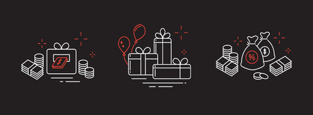Icons from fine lines, gifts, a lot of money, online winnings.のイラスト素材