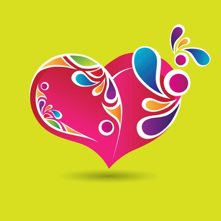 Pink heart with color elements on yellow-green backgroundのイラスト素材