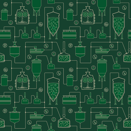 Green seamless background with beer brewing process, production beer, brewery factory production elements. Vector repeating textureのイラスト素材