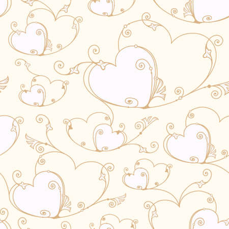 Beige lace, seamless background with hearts and swirls. Vector repeating textureのイラスト素材