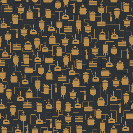 Seamless background with beer brewing process, production beer, brewery factory production elements, traditional beer crafting. Vector repeating textureのイラスト素材