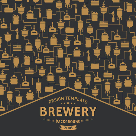 Card template with label on background with beer brewery elements, icons, logos, design elements. Brewing process, brewery factory production elements, traditional beer crafting. Vectorのイラスト素材