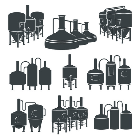 Set with beer brewery elements, icons, logos, design elements. Brewing process, production beer, brewery factory production elements, traditional beer crafting. Vectorのイラスト素材