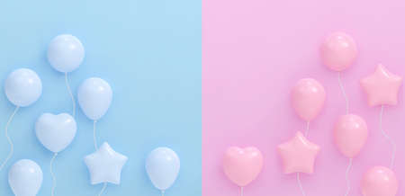Bouquet, bunch of realistic pink and blue balloons flying. Vector illustration for card, Baby shower, gender reveal party Invitation, design, flyer, poster, decor, banner, web, advertisingのイラスト素材