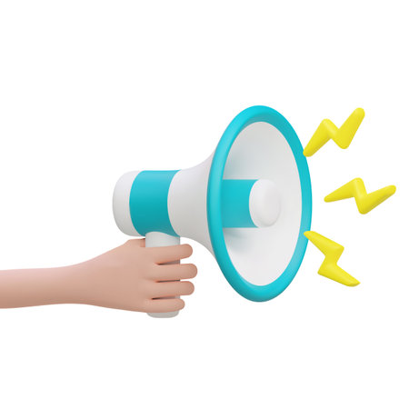 3d cartoon hand holding megaphone with lightning social media marketing vector illustration. Promotion advertising loudspeakerのイラスト素材