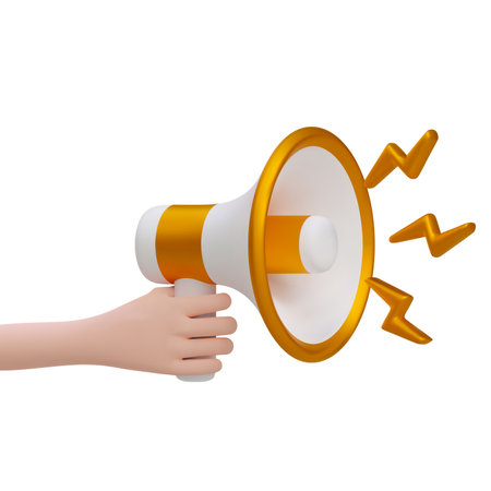 3d cartoon hand holding gold megaphone with lightning social media marketing vector illustration. Promotion advertising loudspeakerのイラスト素材