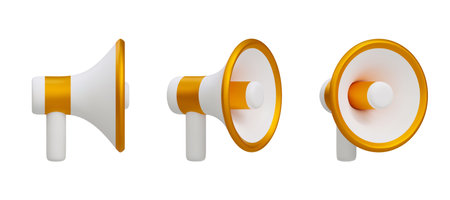 Set of 3d gold megaphone isolated on white background. Vector illustrationのイラスト素材