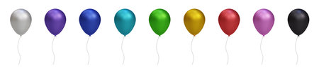 3d shiny colorful glossy helium air balloon set isolated on transparent background. Vector realistic gold, silver, white, golden colorful and black festive. Template for anniversary, birthday partyのイラスト素材