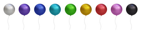 3d shiny colorful glossy helium air balloon set isolated on transparent background. Vector realistic gold, silver, white, golden colorful and black festive. Template for anniversary, birthday partyのイラスト素材