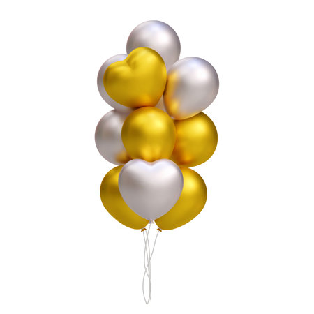 Bunch of realistic 3D golden and silver balloons, heart shape. Vector illustration decoration for card, party, design, flyer, poster, banner, web, advertisingのイラスト素材