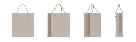 Set of 3d beige paper shopping bags packaging with different angles. Front and side view of retail purchase packaging, blank mockup. Realistic vector illustration isolatedのイラスト素材