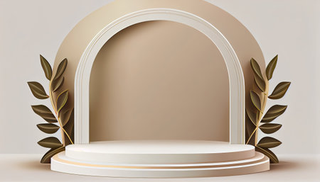 Empty beige and gold 3d cylinder podium, vacant pedestal, modern stage, showcase. Minimal abstract background. Advertising, award, win design, presentation mockup. Generative AIの素材