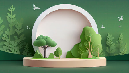 Eco product banner, podium platform, stage pedestal with green nature and tropical plant leaves, trees, 3d paper. Blank background for product advertising. Generative AIの素材