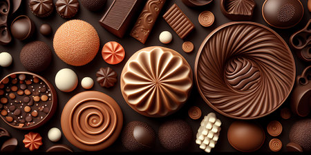 Close-up of delicious dark chocolates drops, cookie and dessert. Flat lay pattern on a brown background. Top view. Generative AIの素材