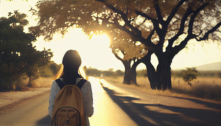Asian tourist girl with a backpack stands alone on the road. Travel, trip adventure, tourism, freedom concept.. Generative AIの素材