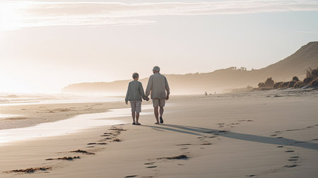 A beach scene with a couple walking hand in hand. Generative AIの素材