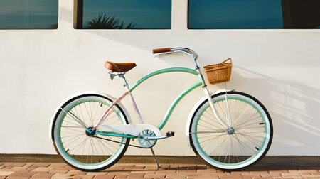 A beach cruiser bike leaning against a wall. Generative AIの素材