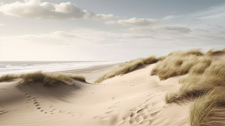 A beach landscape with sand dunes and waves. Generative AIの素材