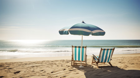 A beach scene with a parasol and beach chairs. Generative AIの素材