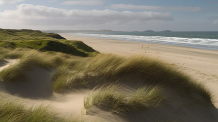 A coastal landscape with sand dunes and waves. Generative AIの素材