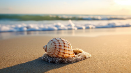 A beach scene with a seashell on a sandy beach. Generative AIの素材