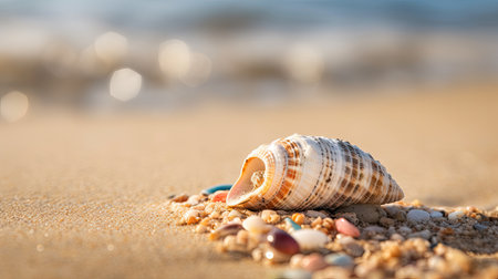 A beach scene with a seashell on a sandy beach. Generative AIの素材