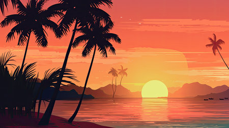 A beach scene with a sunset and palm trees. Generative AIの素材