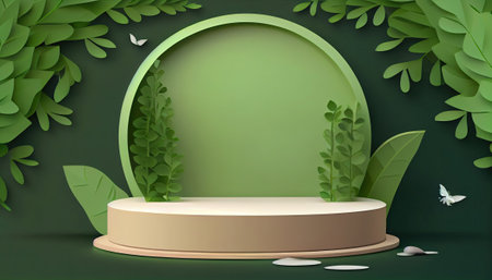 Eco product banner, podium platform, stage pedestal with green nature and tropical plant leaves, trees, 3d paper. Blank background for product advertising. Generative AIの素材