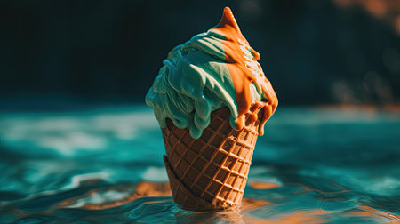 A colorful ice cream cone melting in the sun. Generative AIの素材